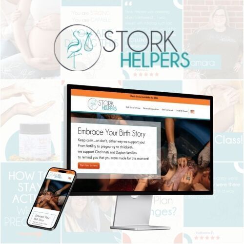 Stork Helpers website on phone and computer screen with logo